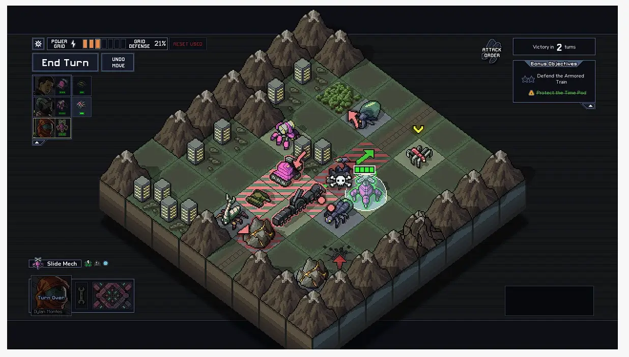 Into the Breach grid-based combat with mechs and enemies
