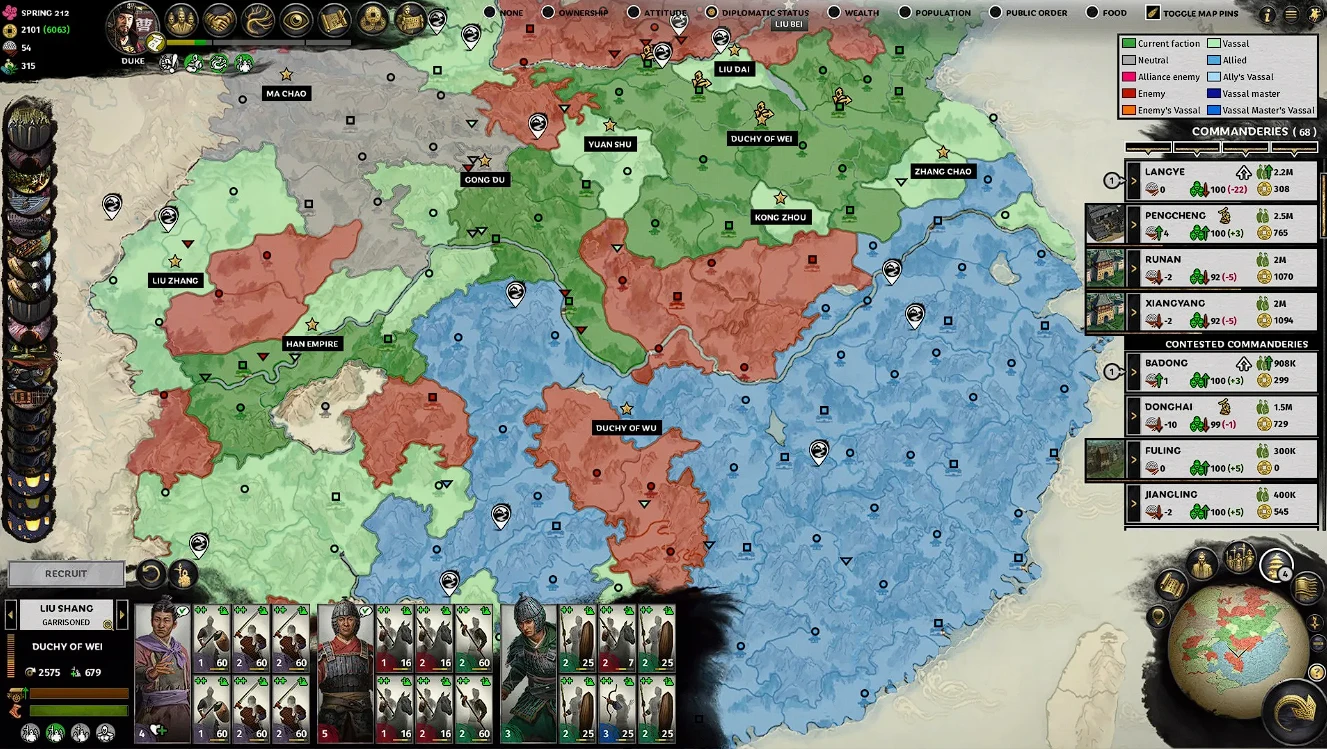 Three Kingdoms campaign diplomacy screen with rival warlords