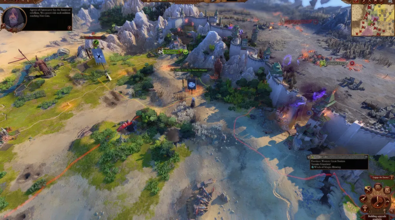 Warhammer 3 campaign map with diverse factions and territories