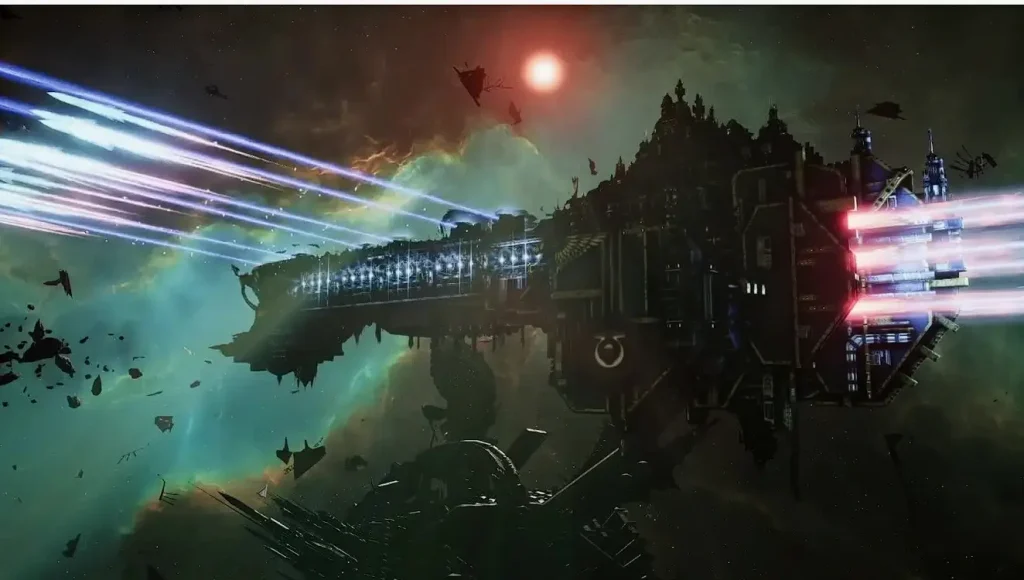Warhammer 40K ships firing weapons in deep space combat