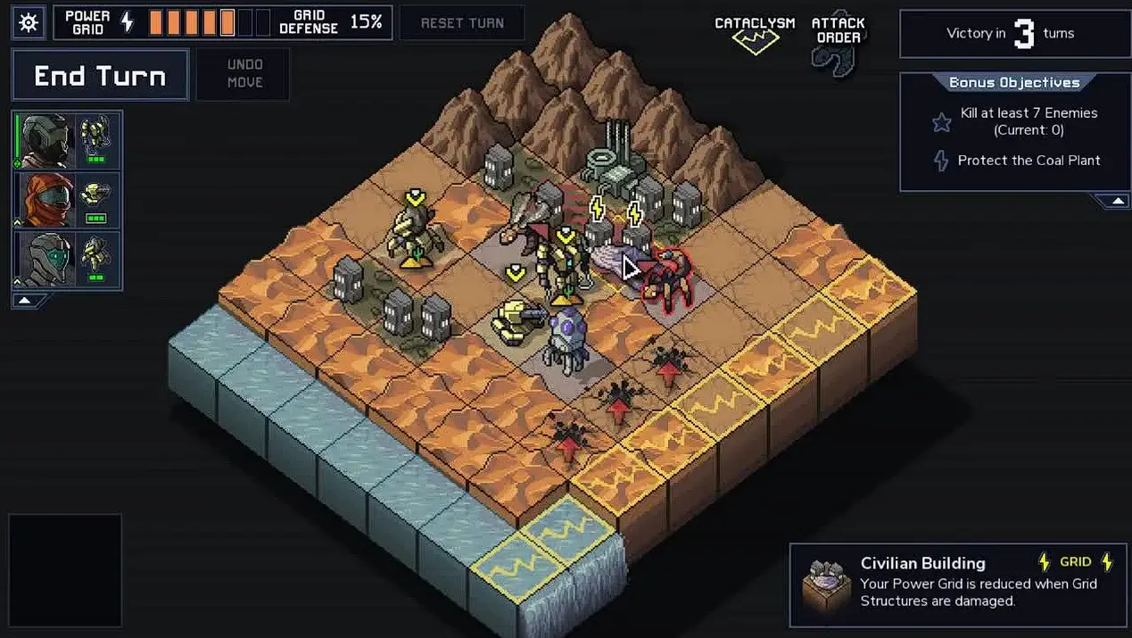 Into the Breach grid-based combat with mechs and enemies